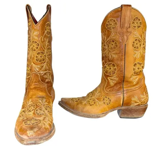 Macie Bean Embroidered Collection Western Boot Whiskey Bent Foot and Snip Toe Tan Size 5