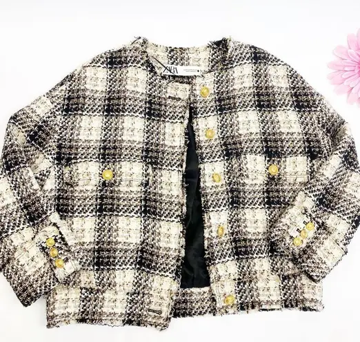 ZARA  Plaid Tweed Jacket Blogger Favorite Cropped Blazer Ballloon Sleeve