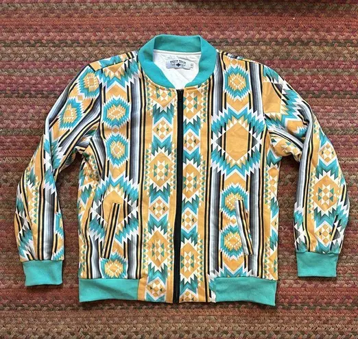 Crazy Train  YELLOW & BLUE AZTEC GEOMETRIC WESTERN COUNTRY COWGIRL BOMBER JACKET