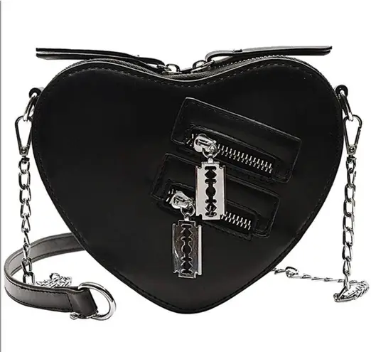 None Heart-Shaped Black Crossbody Silver Chain Goth Punk Bikercore Faux Leather Bag