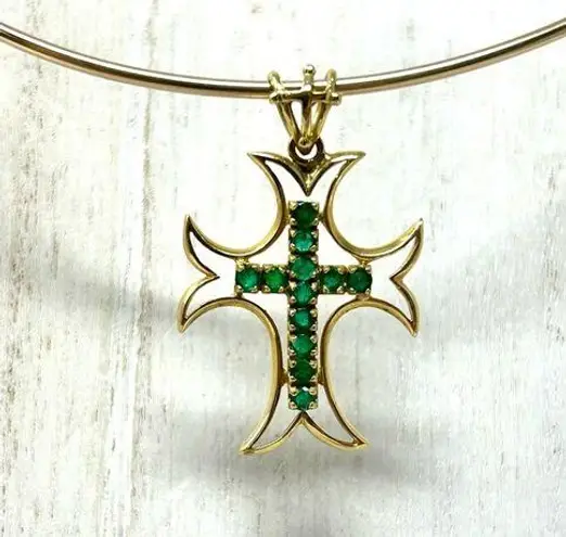 Solid 18K, genuine emeralds cross pendant Gold