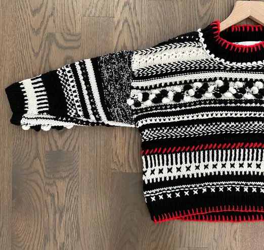 Spencer Vladimir Women's Mixed-Stitch Crop Sweater in Black, White, & Red Small