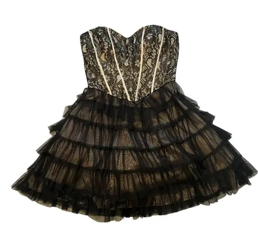 Masquerade Vintage 90s Strapless Black Gold Tiered Tulle Tutu Skirt Dress,Sz 5/6