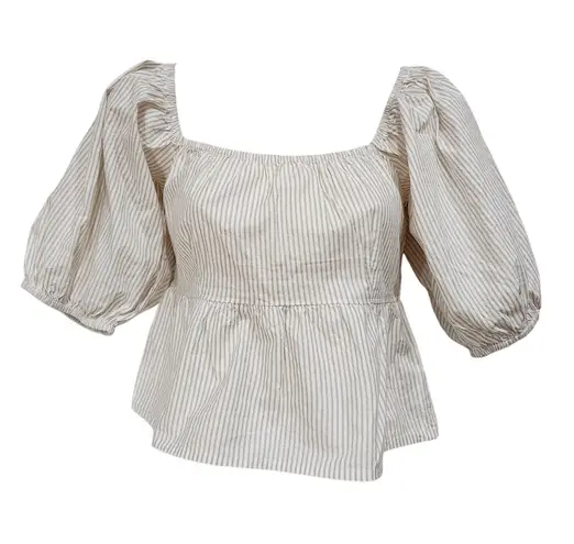 Sim & Sam Cottagecore Blouse Puff Sleeve Square Neck Striped White Tan Medium