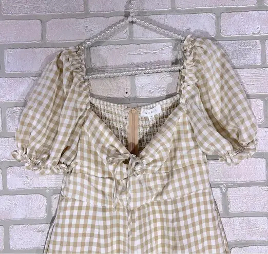 Mable Amaya Gingham Plaid Puff Short Sleeve Jumpsuit in Cognac Size M Tan Size M