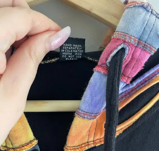 Y2K 90’s Black Rainbow Psychedelic Rip N Tear Wide Bell Sleeve Full Zip Hoodie Size L