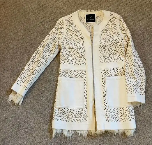 Cristina White Faux Leather Laser Cut With Lace Liner Jacket