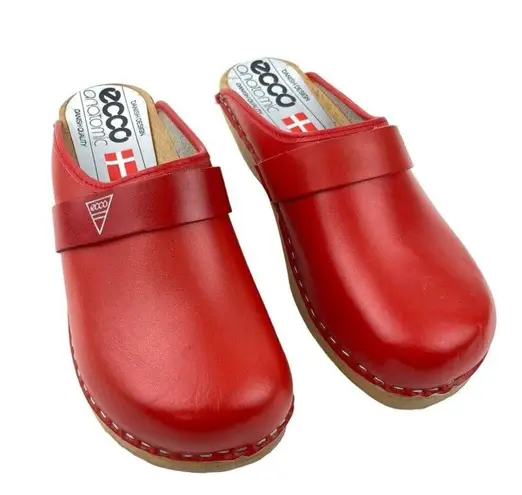 Ecco * Clog Womens EU 36 Red Leather Open Back Wood Sole Anatomic Danish Design