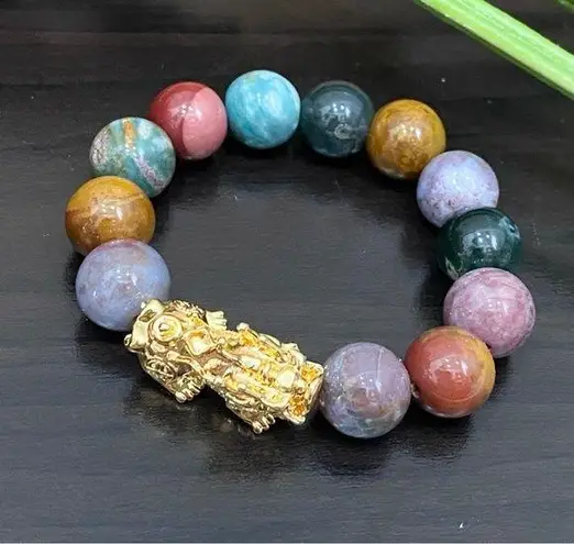 Handmade Natural Agate Multicolored Stone Pi Xiu Fengshui Lucky Stretch Bracelet