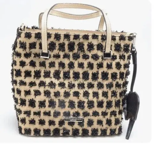 CHRISTIAN SIRIANO RAFFIA SABRINA SHOPPER HANDBAG NATURAL & BLACK ELEPHANT FOB