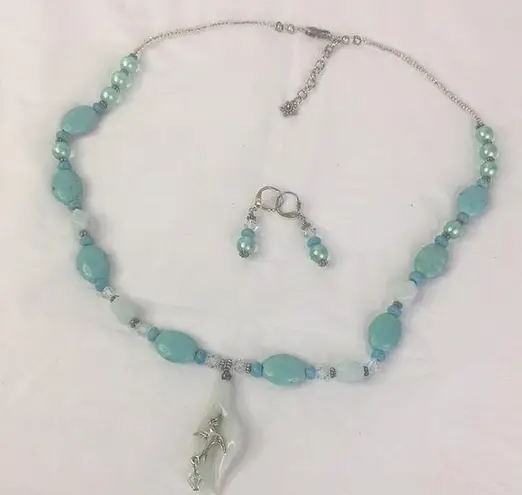 Artisan Swallow Necklace earring set Stone MOP blue turquoise silvertone