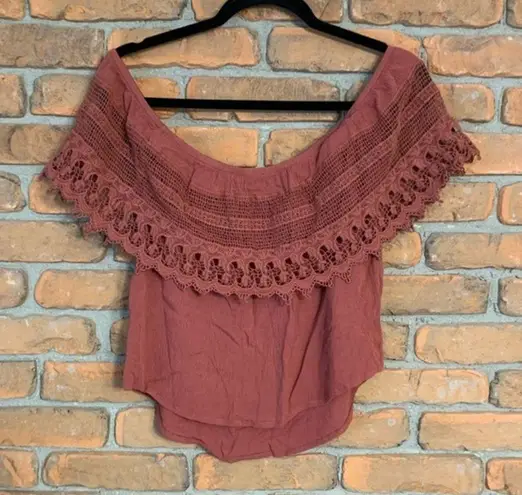 Socialite  Boho‎ Crochet Lace Off the Shoulder Blouse Dusty Rose Pink - Size S