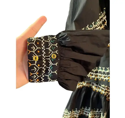 Ulla Johnson Anais Mini Dress Ruffle Embroidered V-Neck Black Noir Cotton 2 NWT