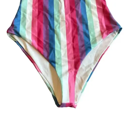 Privacy Please One Piece Halter Top Swimsuit Bold Stripe Size Medium Women's