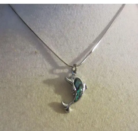 Silver Tone Dolphin Necklace Ocean Abalone Pendant Chain