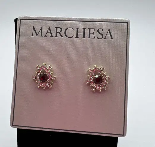 Marchesa Pave & Red Color Crystal Cluster Button Earrings in Gold