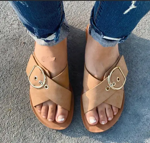 Nude/Natural Criss Cross Adjustable Buckle Sandal Tan Size 6
