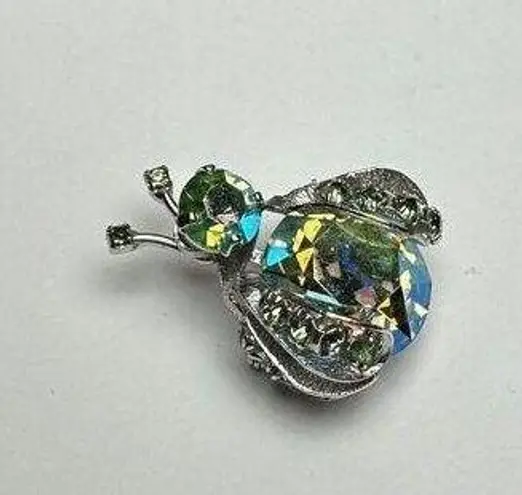 Vintage Warner Insect Bug Blue Green AB Rhinestone Silver Tone Signed Brooch Pin