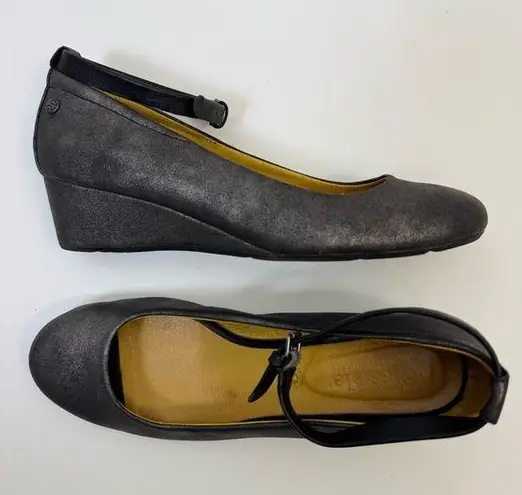 Bussola Shoes Wedge Ankle Strap 38 7.5/8 Metallic Silver Gunmetal Leather Womens Gray