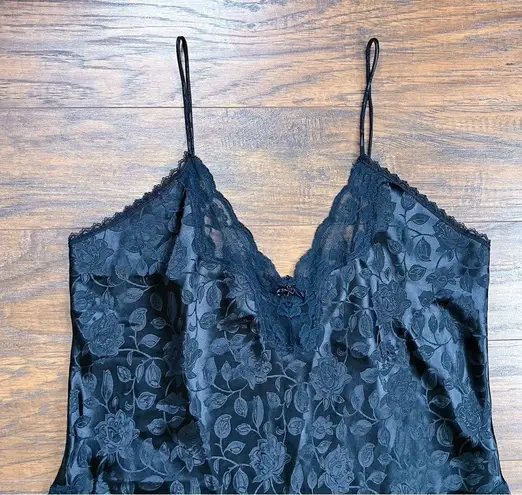 vintage • 80s black satin slip dress mini floral lace lingerie grunge Deena Size M