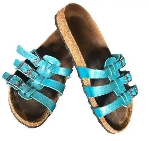 Birkenstock Birki” Xenia Teal Snakeskin Slip On Sandals Sz 38/7 Triple Buckle