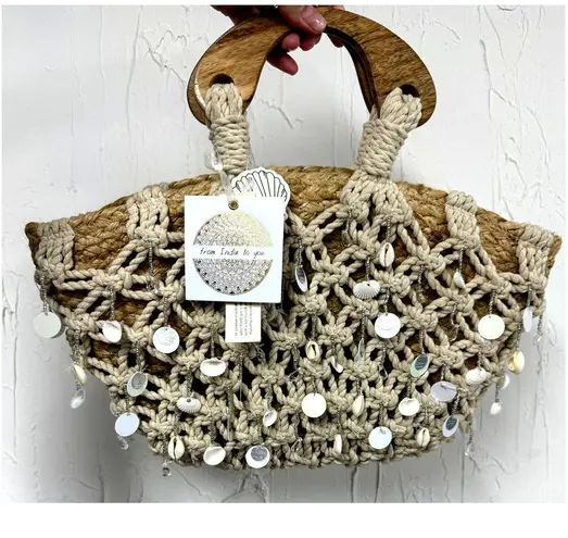 NWT Boho Macrame Tote Bag Seashell Jute Straw Purse Coastal Beach Festival
