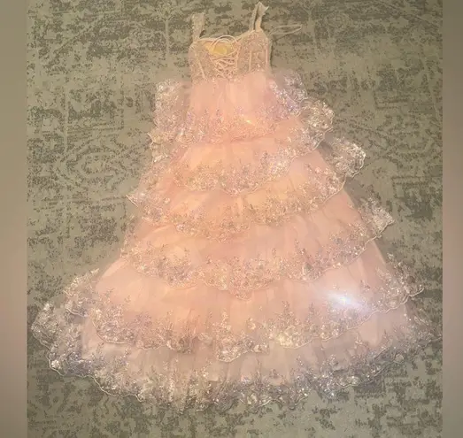 Cinderella Couture 8248J A Line Long Formal Ruffle Prom Dress Pink Size 0