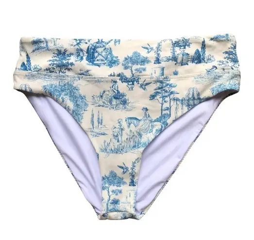 Gianni Bini  NWT Ivory And Blue Historical Print High Waist Bikini Bottoms Large