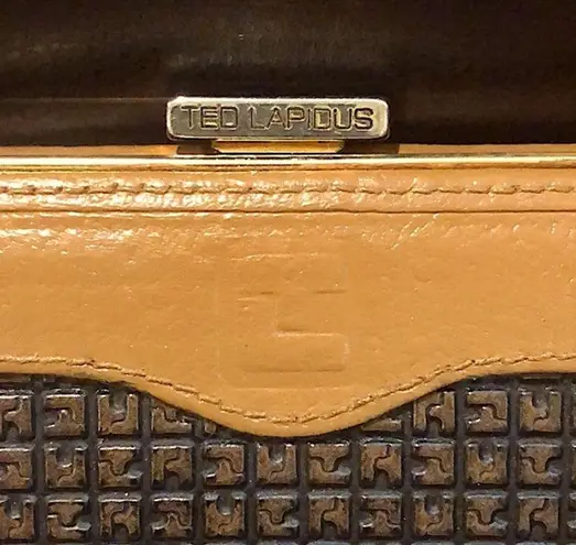 TED LAPIDUS Leather and Monogramed Hinged Wallet Clutch Engraved Clasp