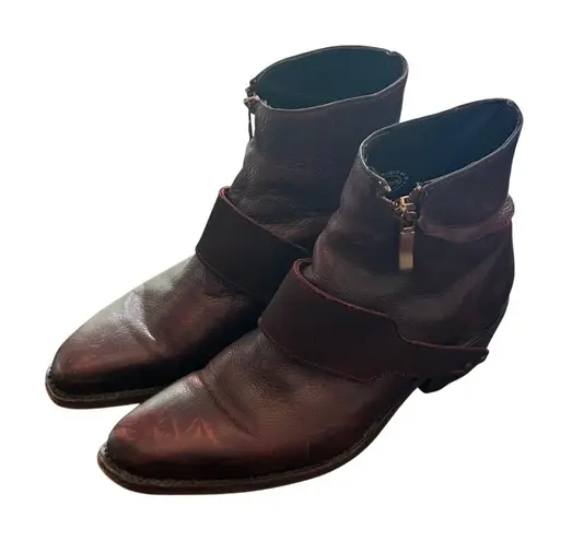 John Fluevog Burgundy Leather Harness Ankle Boots Pointed Western Unisex M7/W9
