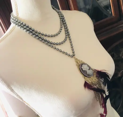 Handcrafted filigree cameo gray Czech Pearl genuine ruby gemstone clasp necklace