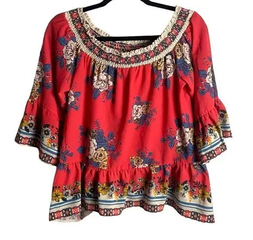 Flying Tomato  Medium Off Shoulder Boho Floral Top Blouse Bell Sleeve Vibrant