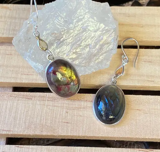 Sterling Silver Red Flash Labradorite And Citrine Solid Earrings