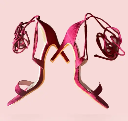 Elegant Allegra K Women's Dark Red Solid Open Toe Lace Up Stiletto Heels Pink Size 9