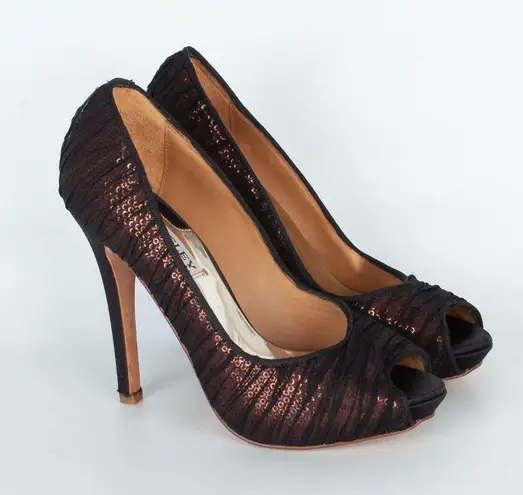 Badgley Mischka Womens Star Sequin Pumps Size 6 Bronze Black Mesh Peep Toe
