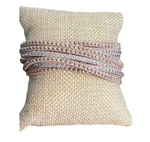 Faux Suede Tan Wrap Bracelet Gold Silver Tone Rhinestones Snaps 2 Sizes 14" 15"