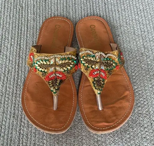 Vintage Coconuts Beaded Leather Flip Flops Sandals Size 9 Tan