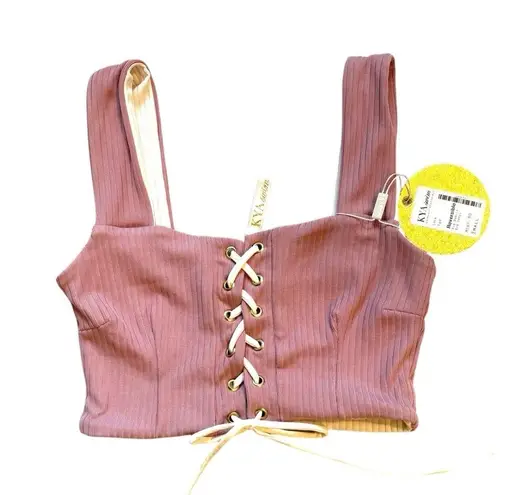 NWT Kya Swim Reversible Ribbed Bikini Top Lola S Revolve Lace Up Soft Girl Boho Pink