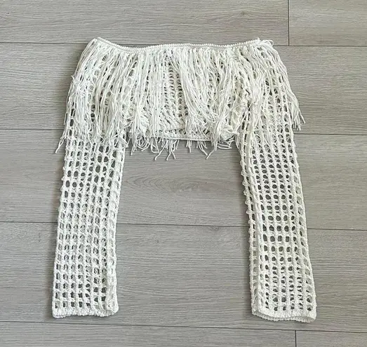 White Crochet Fringe Long Sleeve Top Size M