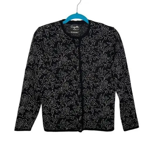 Vintage Angelli Zephyr Wool Black & Silver Floral Knit Cardigan