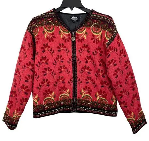 Icelandic Design Womens Zip Up Wool Textured Sweater Jacket Red Size M