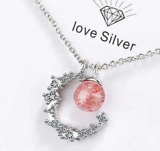 Sterling Silver 925  crescent strawberry crystal necklace women's high-end light luxury 2023 new style peach blossom clavicle chain ins lettering