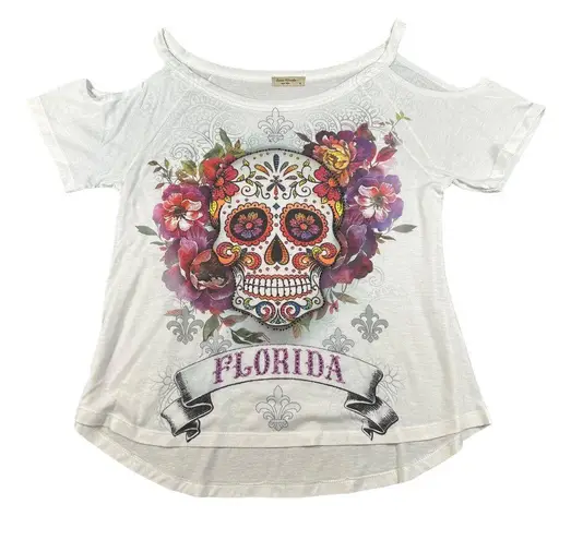 Sweet Gisele Womens Medium Sugar Skull Open Cold Shoulder SS Tee White Florida