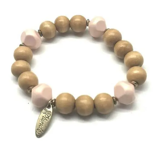 Plunder Natural Wood Peach Beads Gold Tone Tassel Bracelet Jewelry