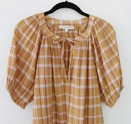 Ann Taylor Loft Plaid Puff Sleeve Peasant Top