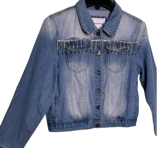 The Style Between Us Denim Fringe Rhinestone Fringe Jean Jacket Size Medium