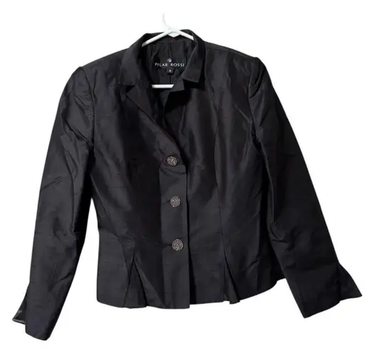 PILAR ROSSI Cropped Black Silk Jacket Size 8 Buttons Lightweight USA Made Formal