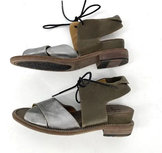 P. Monjo Roman Style Slingback Sandals Lace Up Silver Tan Leather Womens Size 36