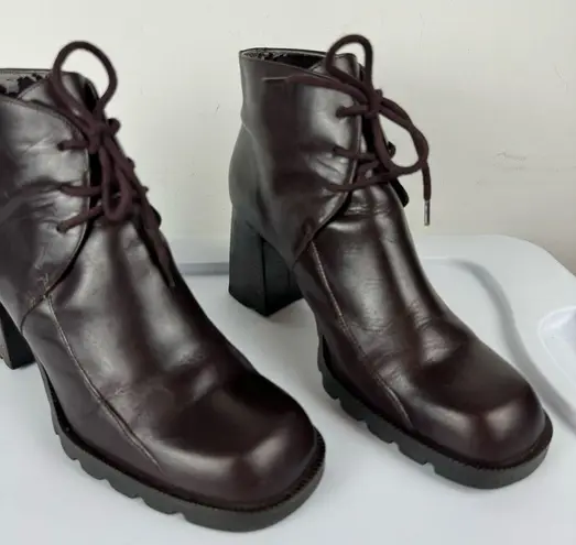 Vtg Y2K Chunky Heel Leather Square Toe Lace Up Ankle Boots Sz 7.5 Brown Wine
