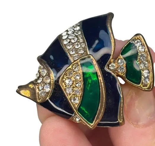 Vintage Rhinestone & Enamel Fish Brooch Pin Green
